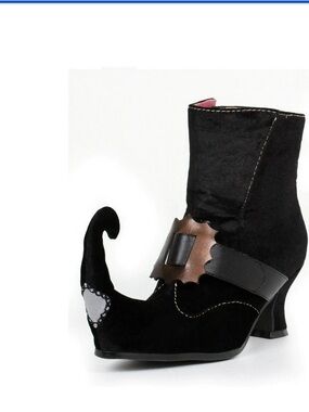 Ellie Shoe Horn Black Velvet Curled-Toe Ankle Boots with Portrait Strap